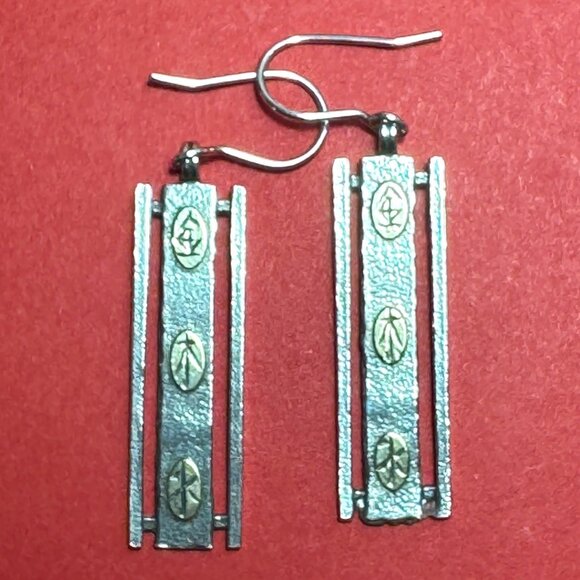 Vintage Wu Xing Three Elements Sterling Silver & Brass Artisan Dangle Earrings - Picture 1 of 7